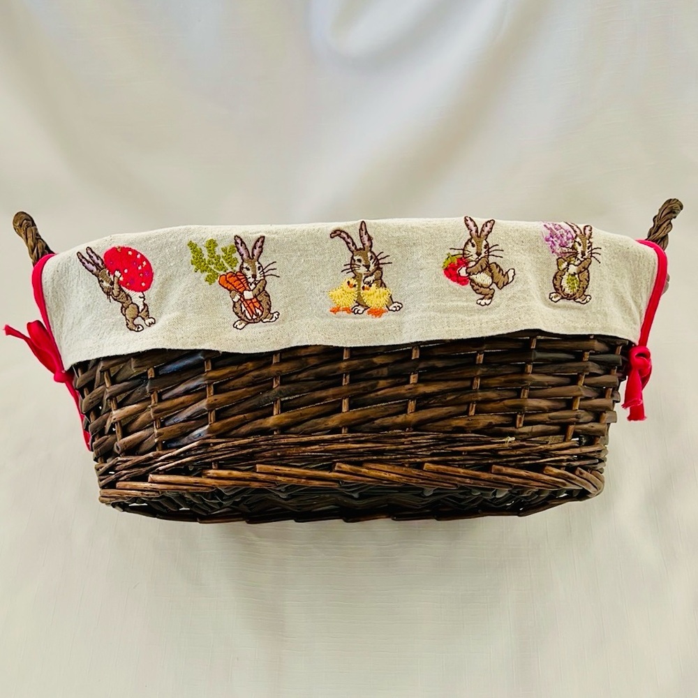 Wicker Basket with Embroidered Bunny Liner